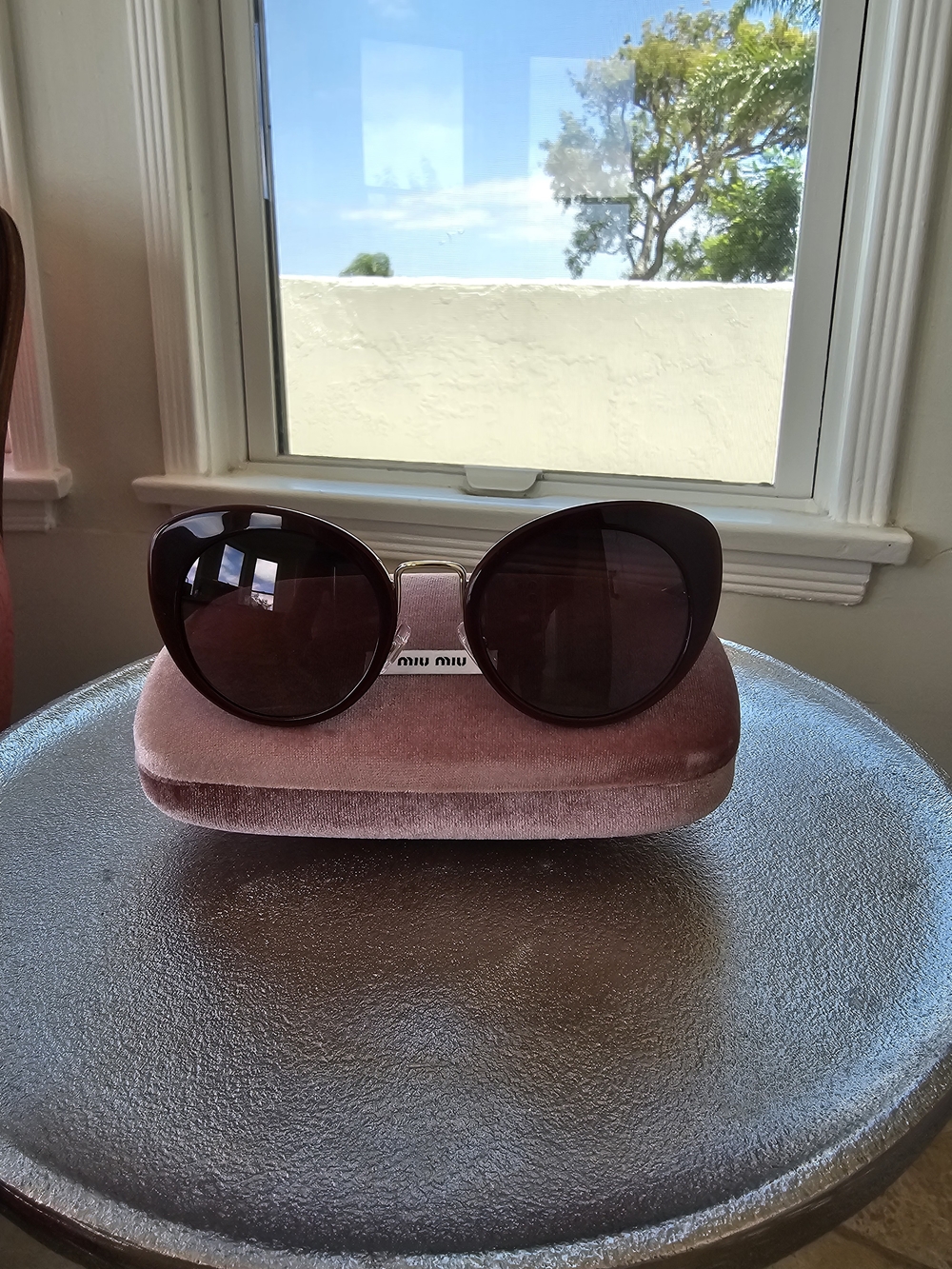 Miu Miu Dark Wine Oversized Cats Eye Sunglasses with Pink Velvet Case